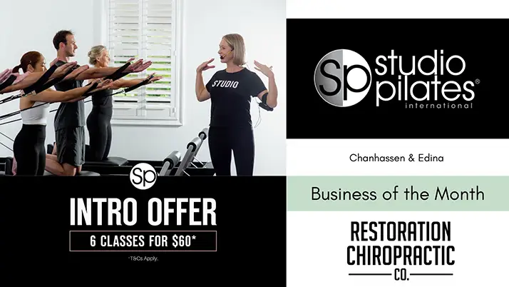 Studio Pilates logo and photo of people with the instructor.